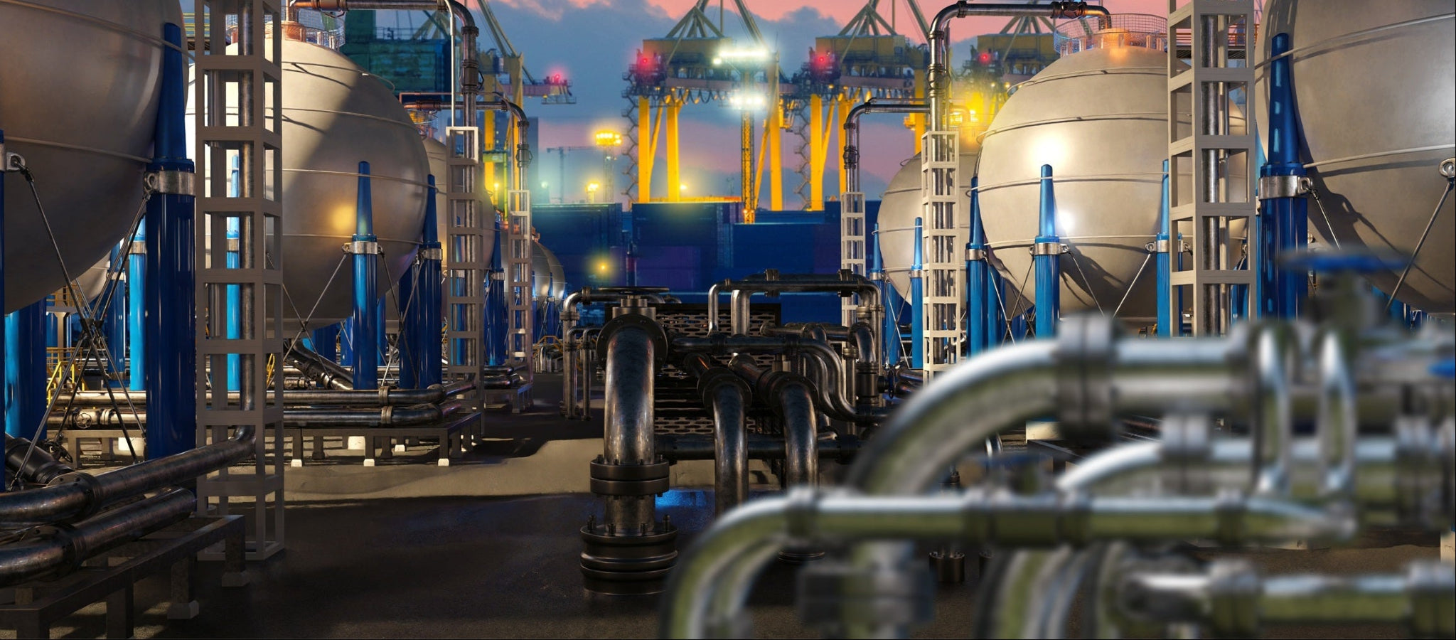 Industrial facility with large tanks and pipes at dusk