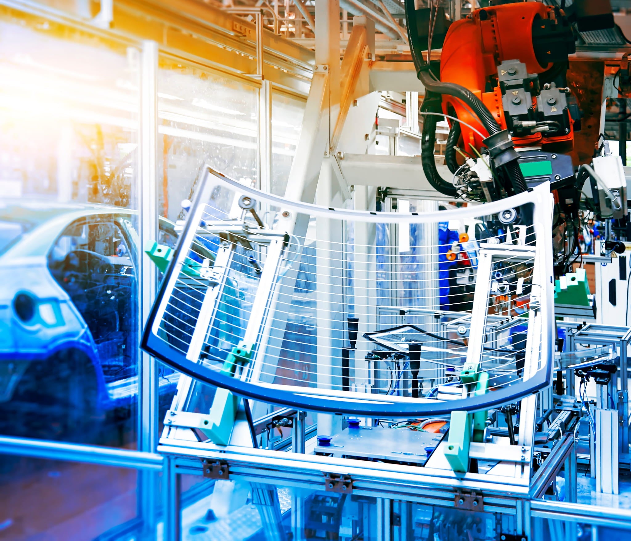 Automotive assembly line with robotic arms and car parts in a factory setting