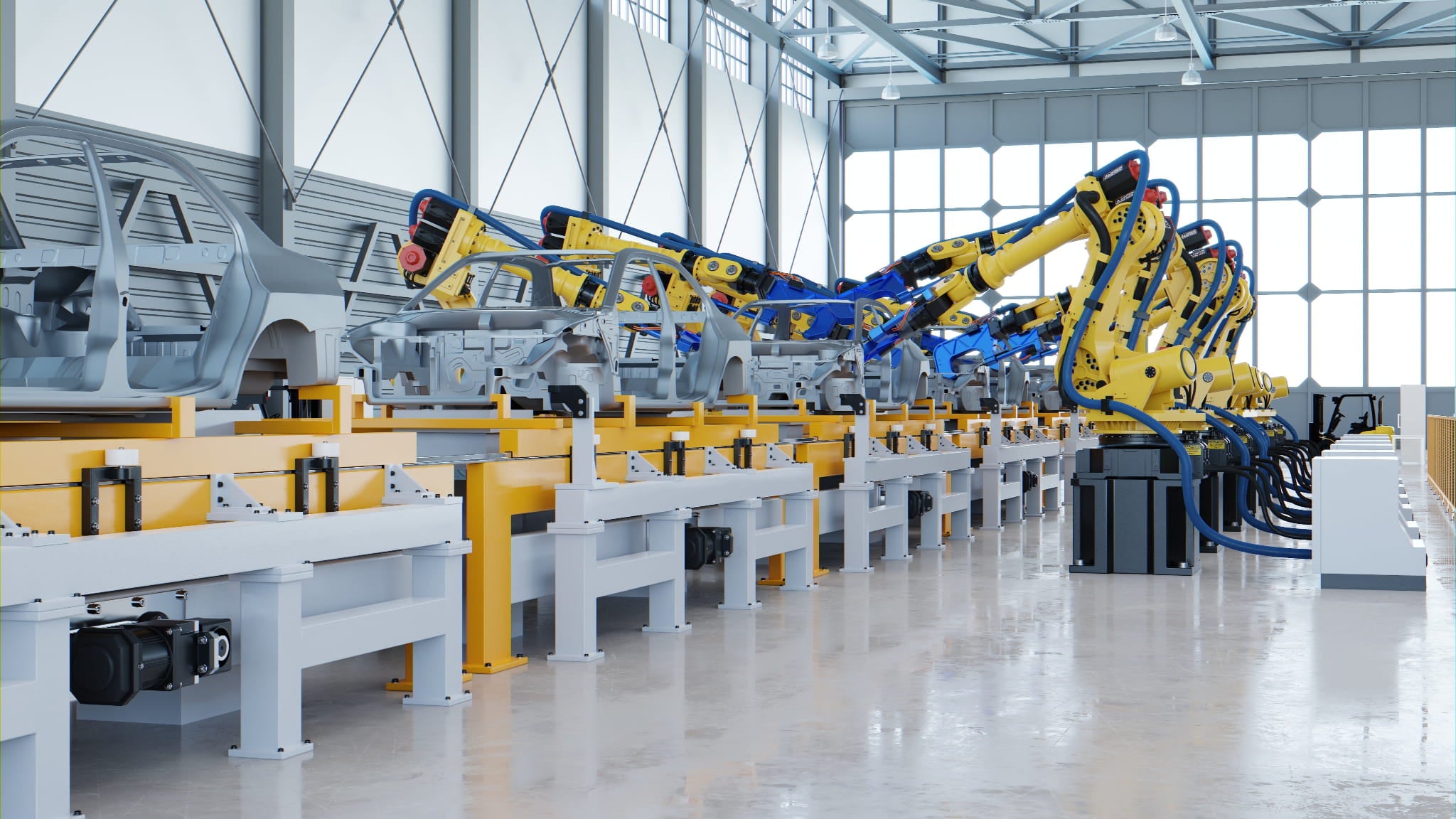 Automated production line with robotic arms in a factory setting
